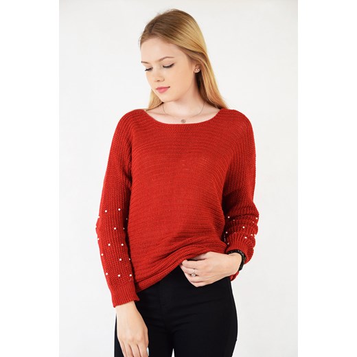 Czerwony sweter z koralikami   uniwersalny berry.com.pl