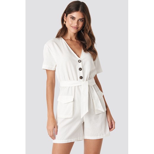 Hannalicious x NA-KD Belted Linen Look Playsuit - White  NA-KD 36 