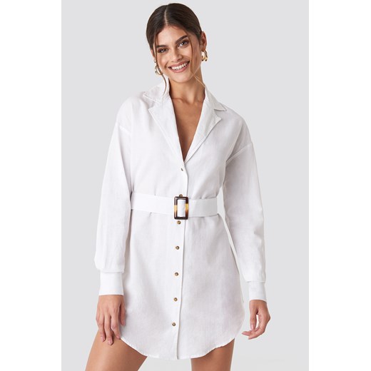 Hannalicious x NA-KD Belted Oversized Linen Look Shirt Dress - White  NA-KD 40 