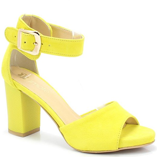 Sandały damskie żółte Tymoteo na średnim obcasie eleganckie z klamrą skórzane bez wzorów 