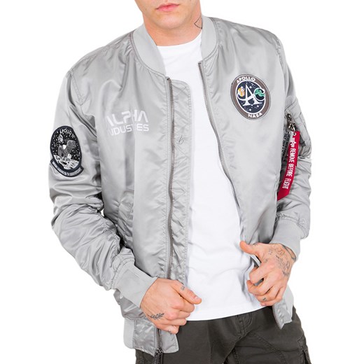 Alpha Industries kurtka męska w stylu młodzieżowym srebrna z napisami 