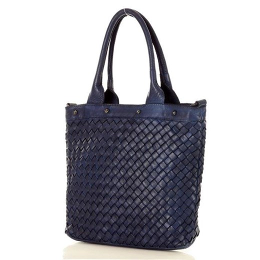 Shopper bag Mazzini ze skóry niebieska z zamszu bez dodatków na ramię 