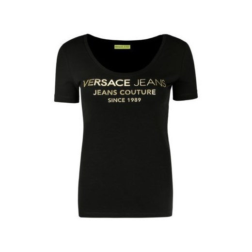Bluzka damska Versace Jeans z napisami czarna na wiosnę z krótkim rękawem 