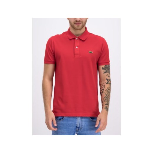 T-shirt męski Lacoste czerwony z krótkimi rękawami bez wzorów 