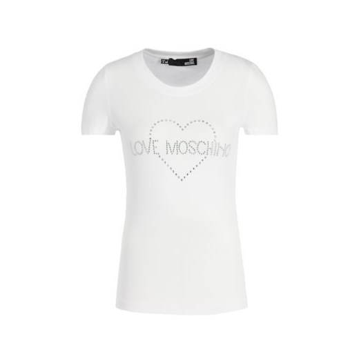 Love Moschino bluzka damska z okrągłym dekoltem biała casual z aplikacjami  z krótkim rękawem 