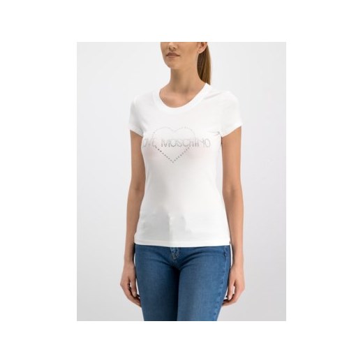 Bluzka damska Love Moschino biała z okrągłym dekoltem casual z aplikacjami  