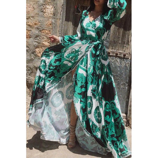 Wielokolorowa sukienka IVET maxi z dekoltem v z długim rękawem na spacer 
