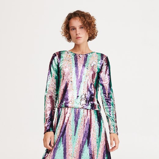 Bluzka damska Reserved na wiosnę w abstrakcyjnym wzorze z okrągłym dekoltem w stylu glamour 