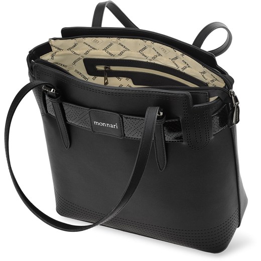 Elegancka torebka damska monnari shopper bag na ramię z lakierowanymi ażurowymi wstawkami - czarny  Monnari  promocja world-style.pl 