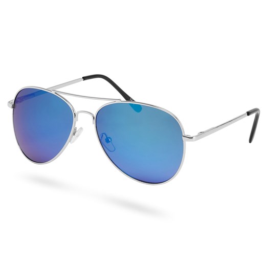 Srebrno-niebieskie lustrzane okulary przeciwsłoneczne pilotki