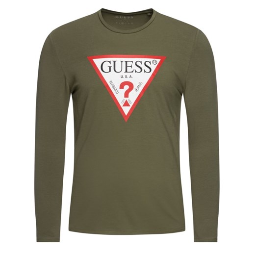 T-shirt męski Guess z napisami zielony z długim rękawem 