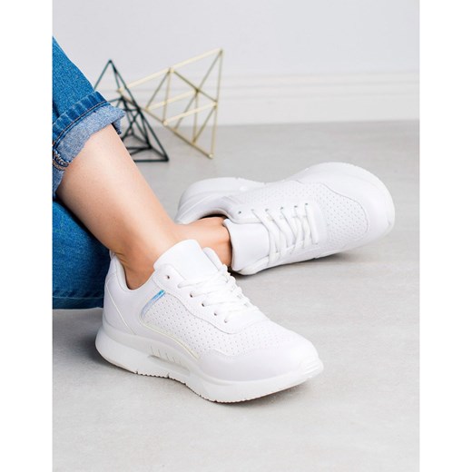 Shelovet buty sportowe damskie młodzieżowe białe na płaskiej podeszwie bez wzorów ze skóry ekologicznej sznurowane 