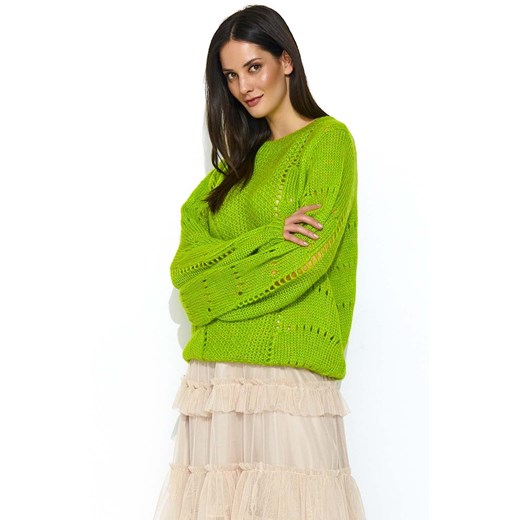 Sweter damski Makadamia zielony z okrągłym dekoltem 