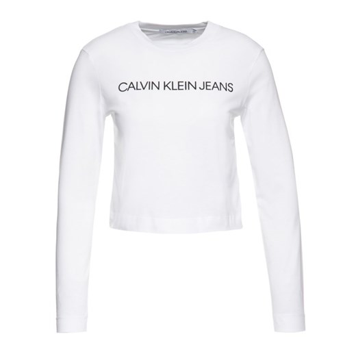 Bluzka damska Calvin Klein z napisami z okrągłym dekoltem biała z długim rękawem 