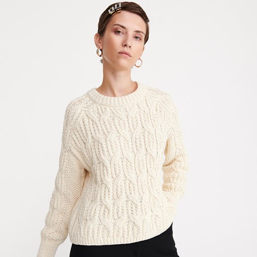 Reserved - Sweter z ozdobnym splotem - Kremowy  Reserved M 