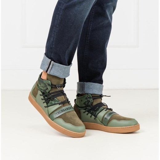 Zielone buty sportowe męskie Trussardi Jeans skórzane jesienne sznurowane 