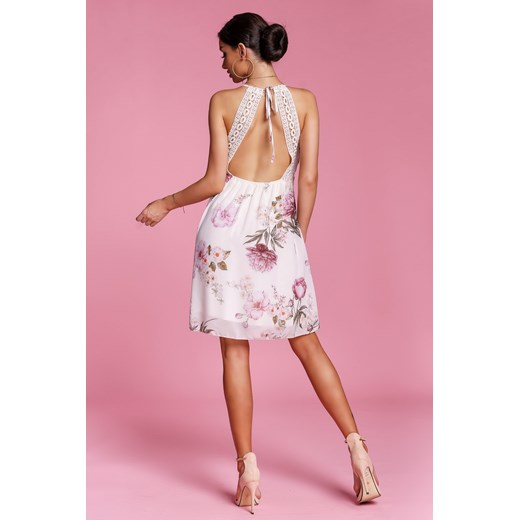 Sukienka Flora -WH02-One Size Letnia, zwiewna, szyfonowa sukienka w kwiatowy print z elementami gipiurowej koronki  Molerin One Size 