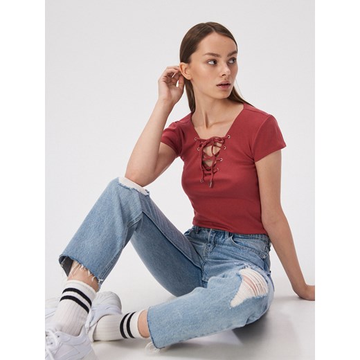 Sinsay - T-shirt z wiązaniem na dekolcie - Fioletowy Sinsay XS