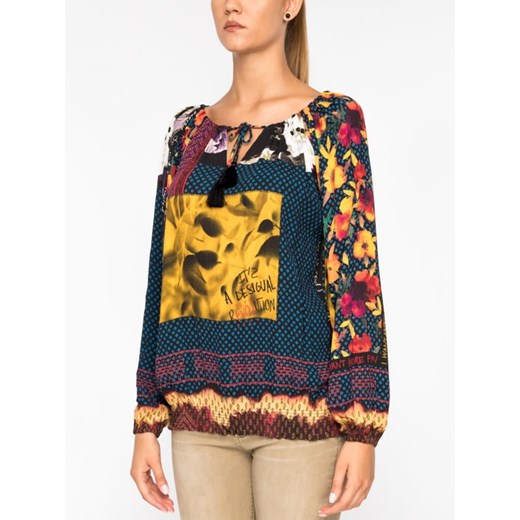 Desigual bluzka damska z dekoltem typu hiszpanka z długimi rękawami w abstrakcyjnym wzorze 