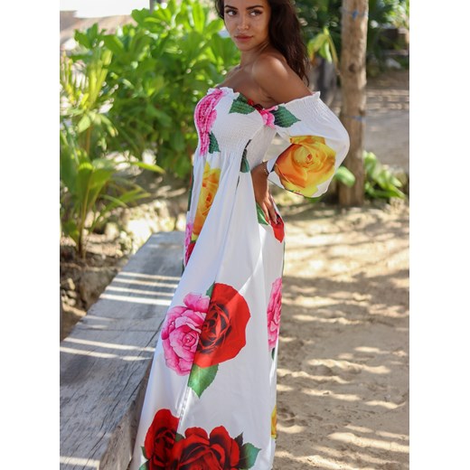 Sukienka Elegrina z dekoltem typu hiszpanka wielokolorowa na wiosnę maxi z odkrytymi ramionami z długim rękawem 