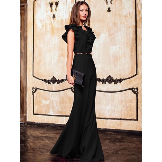 Sukienka Elegrina czarna z krótkimi rękawami z dekoltem w serek maxi na bal 