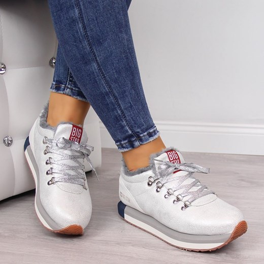 Buty sportowe damskie białe Big Star sneakersy bez wzorów jesienne na płaskiej podeszwie 