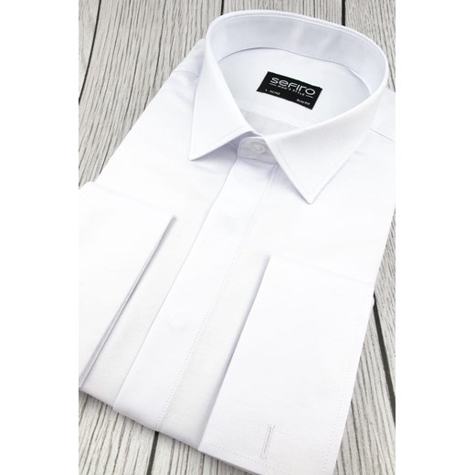Duża Koszula Męska Sefiro gładka biała z krytą plisą i podwójnymi mankietami na spinki duże rozmiary A171 Sefiro  10XL swiat-koszul.pl