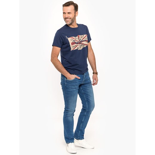 Granatowy t-shirt męski Pepe Jeans z krótkim rękawem z napisami na lato 