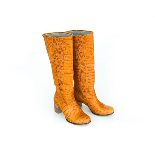 Kozaki damskie Zapato w stylu boho pomarańczowe z zamkiem w zwierzęcy wzór z cholewką przed kolano skórzane 
