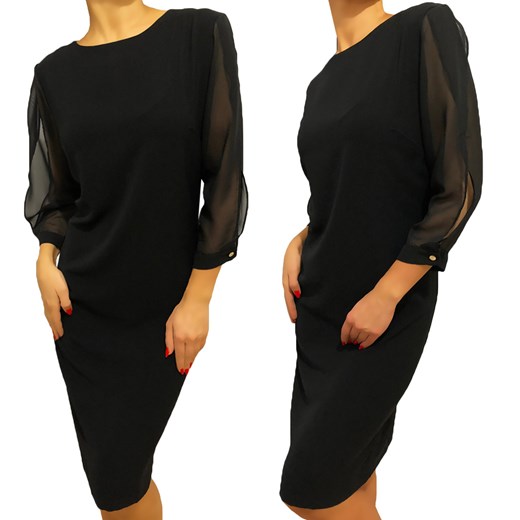 Czarna Sukienka z Ozdobnymi Rękawami 2407-11-D  Modnakiecka.pl 44 okazyjna cena  