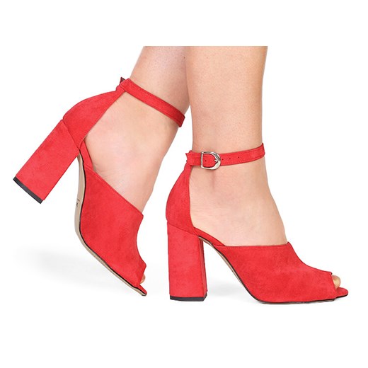 Brilu sandały damskie czerwone gładkie na średnim obcasie na słupku 