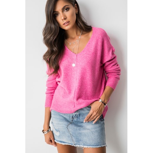 Różowy sweter damski Iubylee z dekoltem v casual 