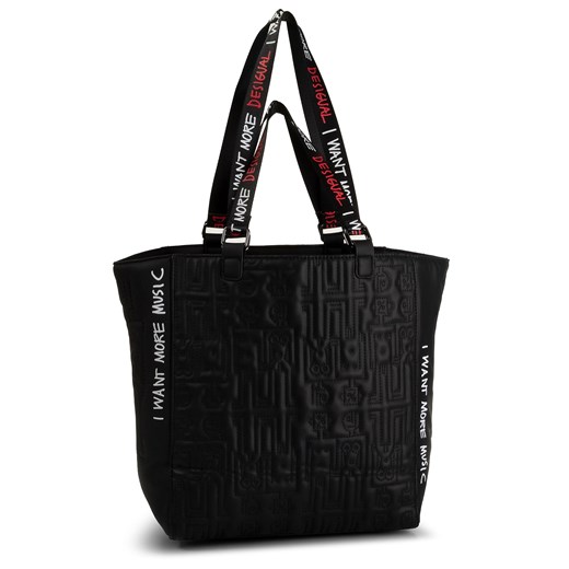 Desigual shopper bag z tłoczeniem czarna młodzieżowa z kolorowym paskiem na ramię 