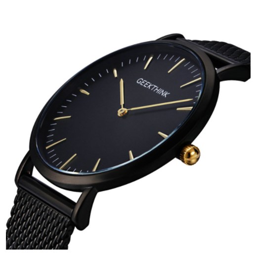 Zegarek premium GeekThink na czarnej bransolecie - złote znaczniki  Geekthink  wyprzedaż niwatch.pl 