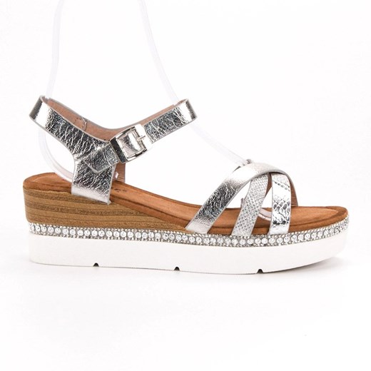Sandały damskie Seastar srebrne na średnim obcasie gładkie casualowe na koturnie z klamrą na lato 
