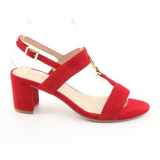 Sandały damskie czerwone Caprice na średnim obcasie bez wzorów skórzane 