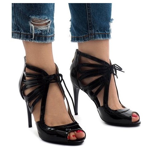 Butymodne sandały damskie sznurowane czarne na szpilce na wysokim obcasie eleganckie 