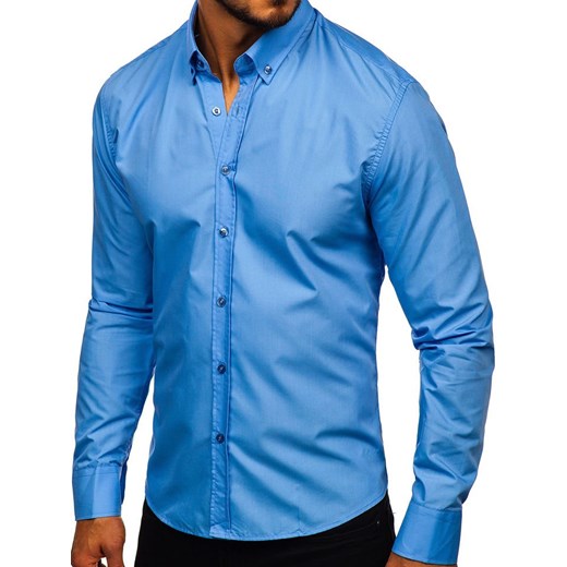Koszula męska Denley elegancka niebieska bez wzorów z bawełny z długimi rękawami z kołnierzykiem button down 