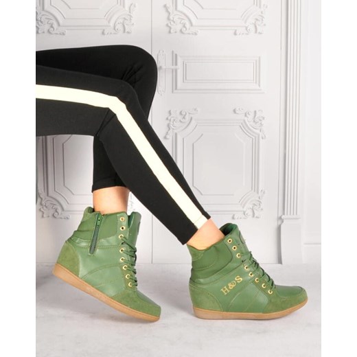 Sneakersy damskie Pantofelek24 zielone młodzieżowe bez wzorów na koturnie 