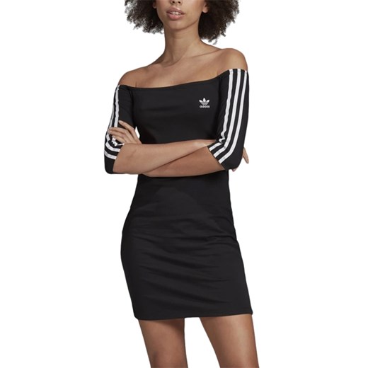 Sukienka Adidas czarna z dekoltem typu hiszpanka casual z odkrytymi ramionami mini 