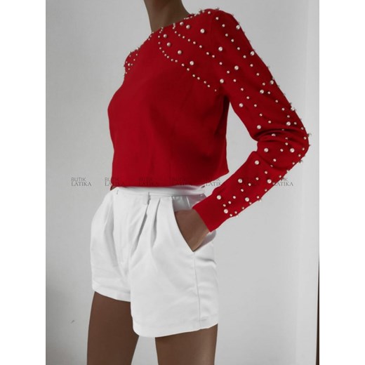 Sweter damski czerwony z okrągłym dekoltem 