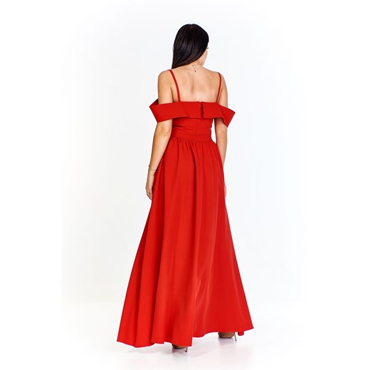 Sukienka Ptakmoda.com czerwona z krótkimi rękawami z odkrytymi ramionami elegancka 