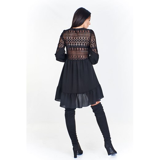Sukienka czarna Ptakmoda.com na sylwestra oversize'owa z żabotem mini z długim rękawem 