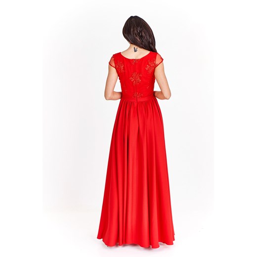 Sukienka Ptakmoda.com czerwona z krótkim rękawem maxi z dekoltem w literę v gorsetowa karnawałowa 
