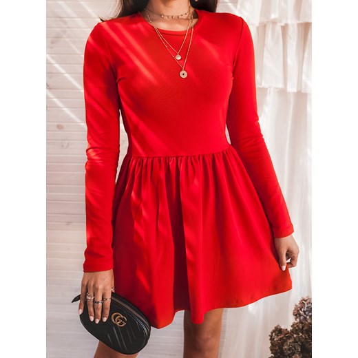 Sukienka Selfieroom rozkloszowana jesienna czerwona na randkę z długim rękawem 