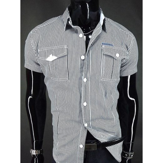 Koszula o kroju slim - fit, w czarne paski z dwoma kieszeniami zapinanymi na guziki koszule24-eu szary guziki