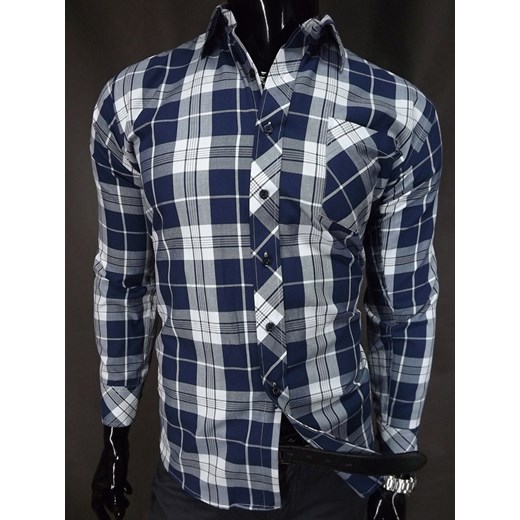 Granatowa koszula męska w kratkę z kieszenią  koszule24-eu niebieski długie
