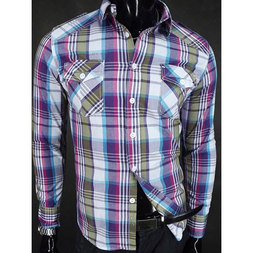 Koszula w fioletową kratkę z dwoma kieszeniami - typu slim fit koszule24-eu fioletowy długie