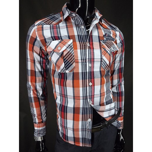 Koszula w pomarańczową kratkę typu slim  fit - 100% Bawełna koszule24-eu brazowy bawełniane