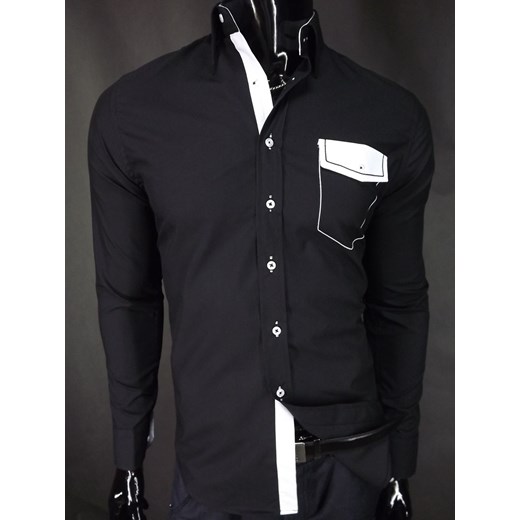 Czarna koszula marki Arco Baleno z białymi dodatkami  koszule24-eu czarny długie
